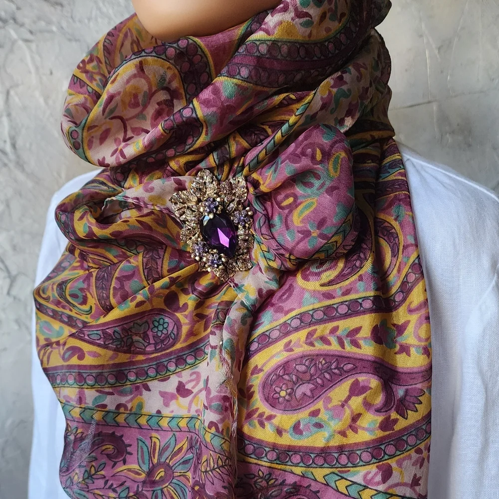 Designer Purple Scarf 100% Soft Silk Paisley Print Violet Gold Brooch